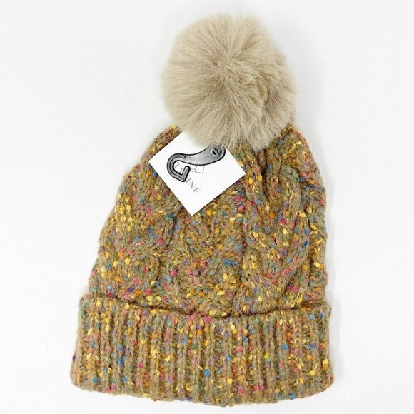 Confetti Cable Knit Pom Pom Beanie Stocking Cap Tan main image 6